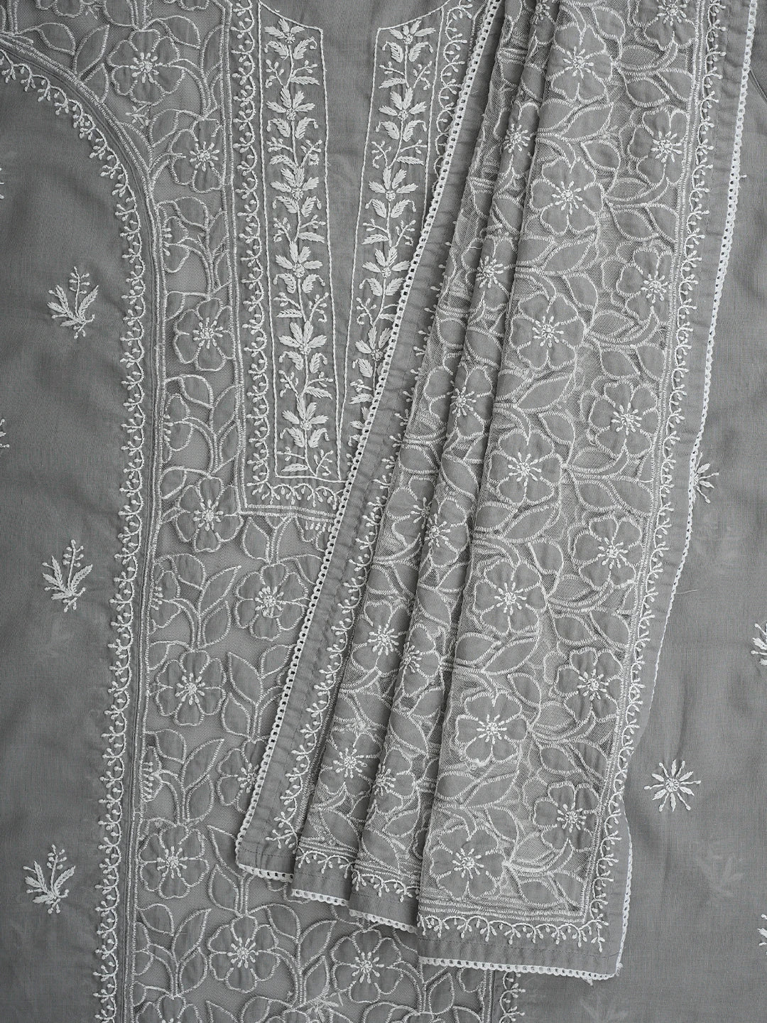 Ada Hand Embroidered Grey Cotton And Net Lucknowi Chikankari Semi-Stitched Kurta Dupatta Set 01A873491