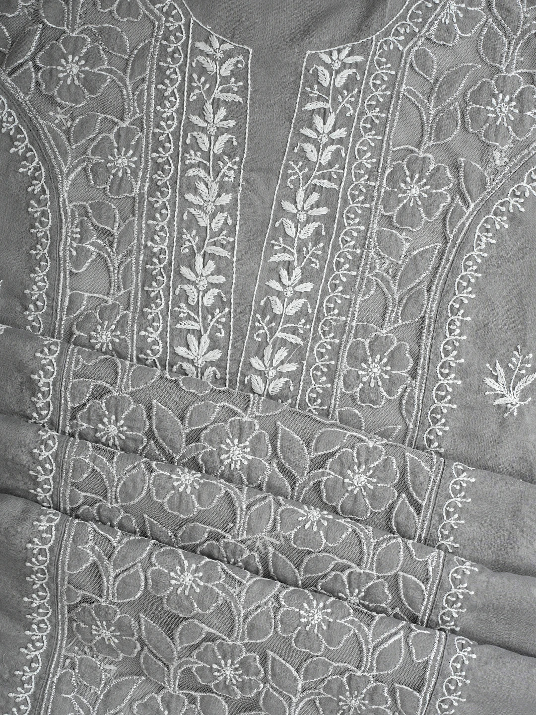 Ada Hand Embroidered Grey Cotton And Net Lucknowi Chikankari Semi-Stitched Kurta Dupatta Set 01A873491
