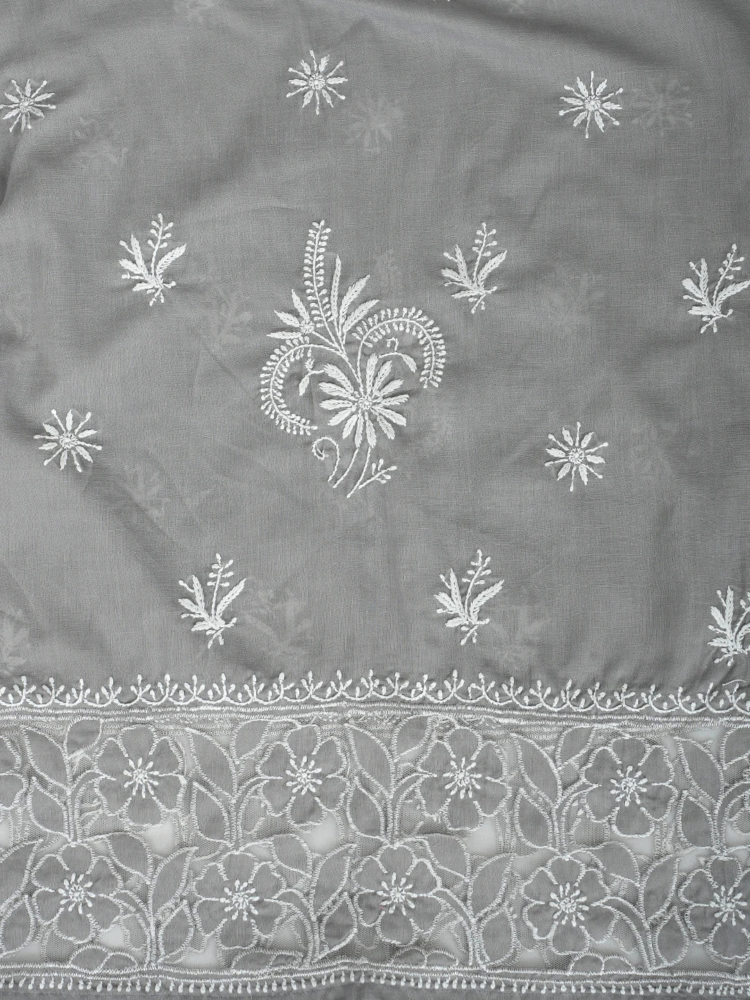 Ada Hand Embroidered Grey Cotton And Net Lucknowi Chikankari Semi-Stitched Kurta Dupatta Set 01A873491