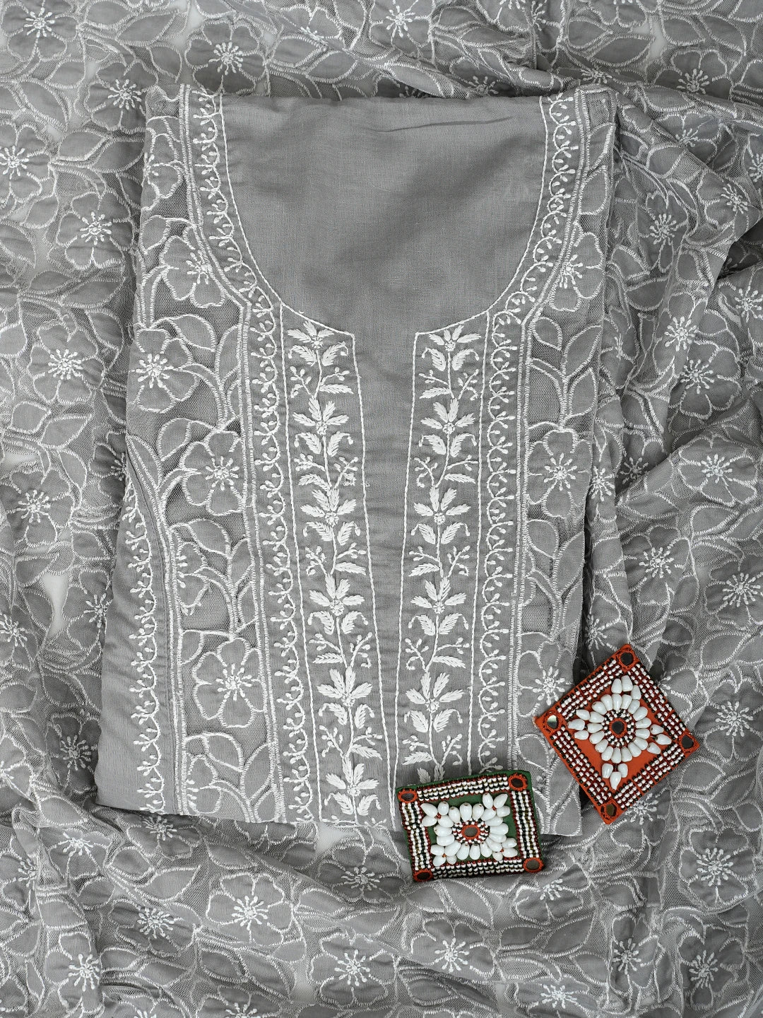 Ada Hand Embroidered Grey Cotton And Net Lucknowi Chikankari Semi-Stitched Kurta Dupatta Set 01A873491