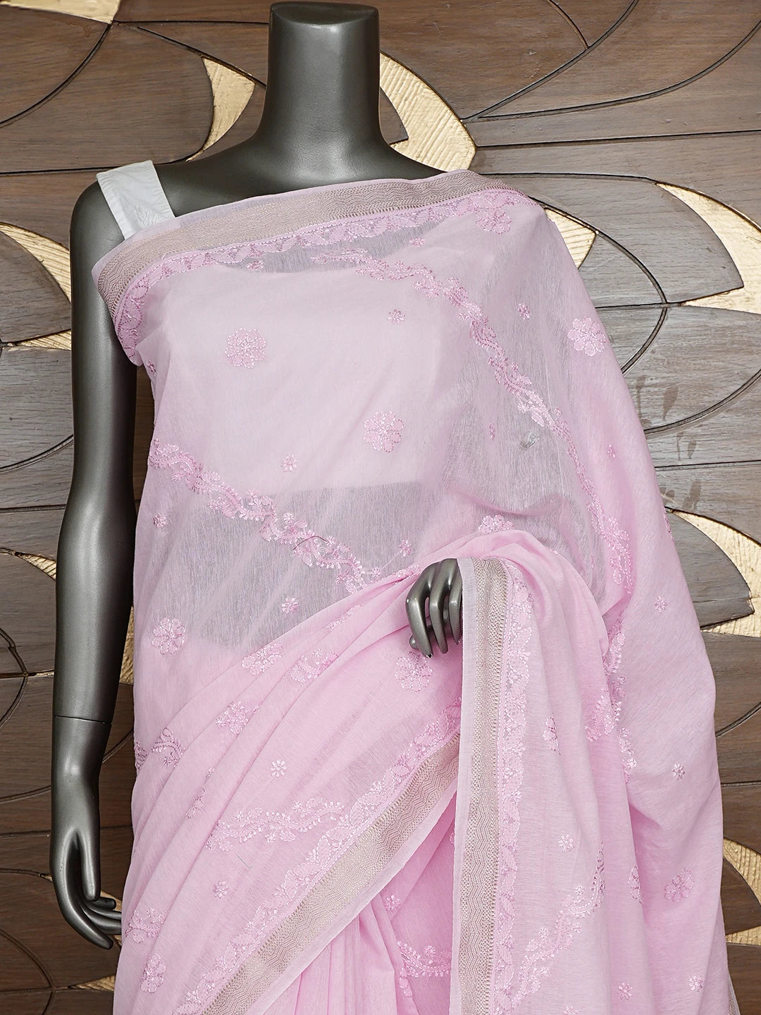 Ada Hand Embroidered Pink Chanderi Lucknowi Chikankari Saree and Blouse 01A919749