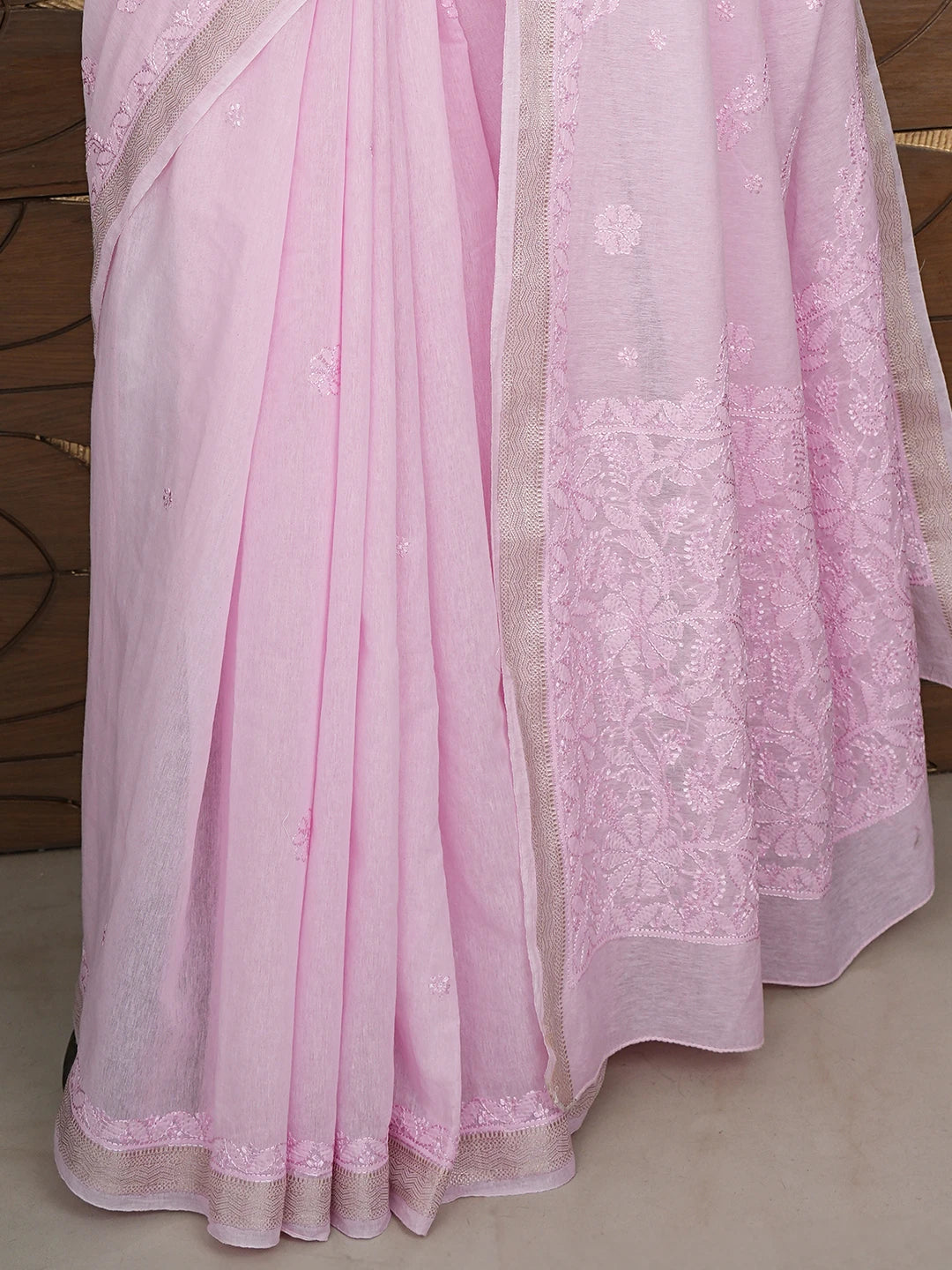Ada Hand Embroidered Pink Chanderi Lucknowi Chikankari Saree and Blouse 01A919749
