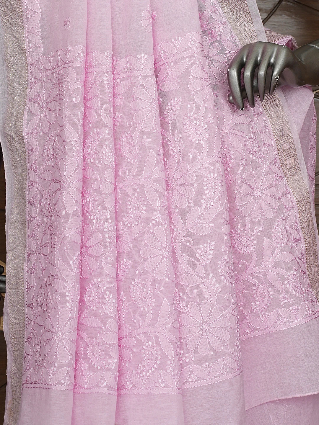 Ada Hand Embroidered Pink Chanderi Lucknowi Chikankari Saree and Blouse 01A919749