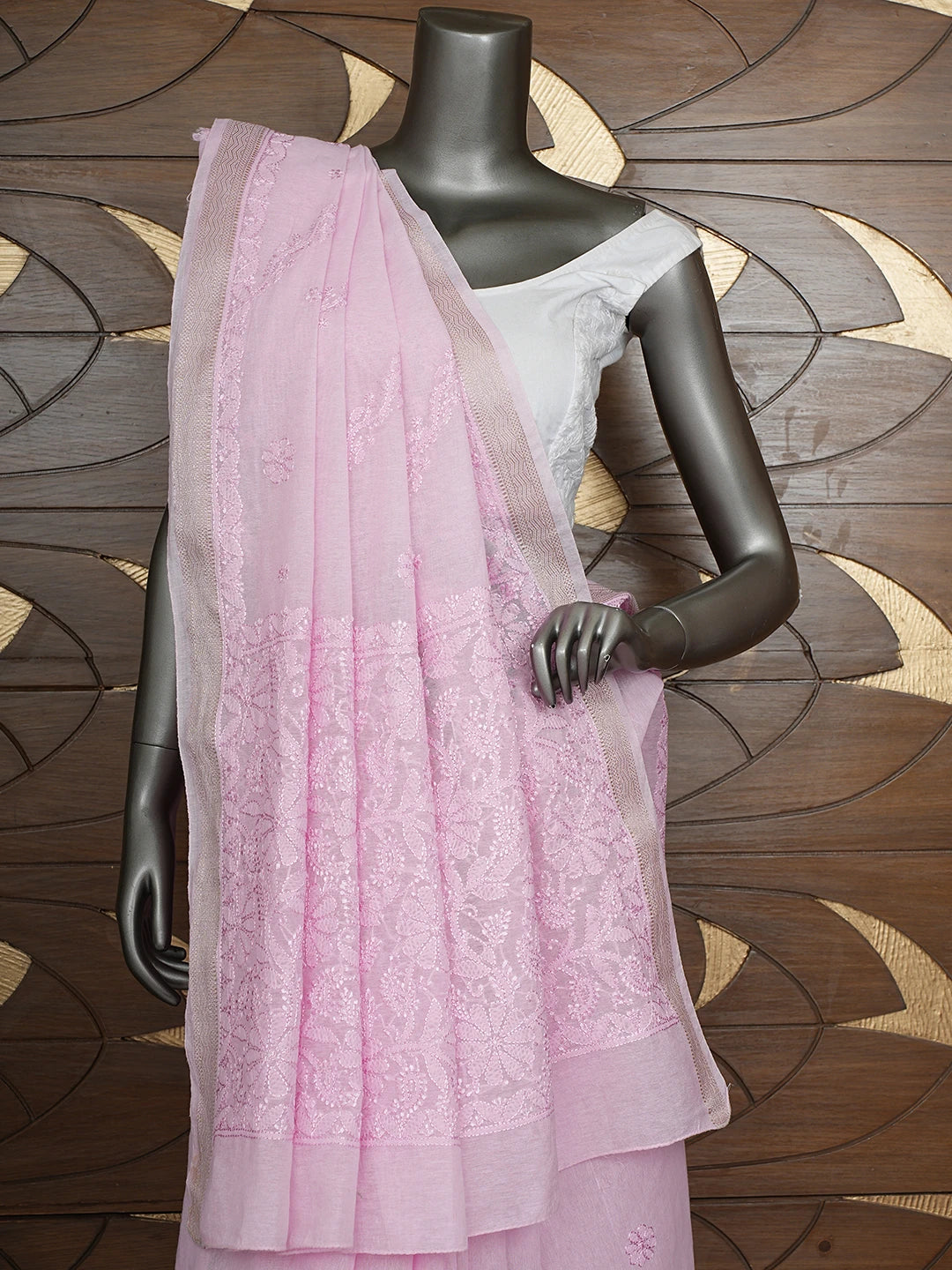 Ada Hand Embroidered Pink Chanderi Lucknowi Chikankari Saree and Blouse 01A919749