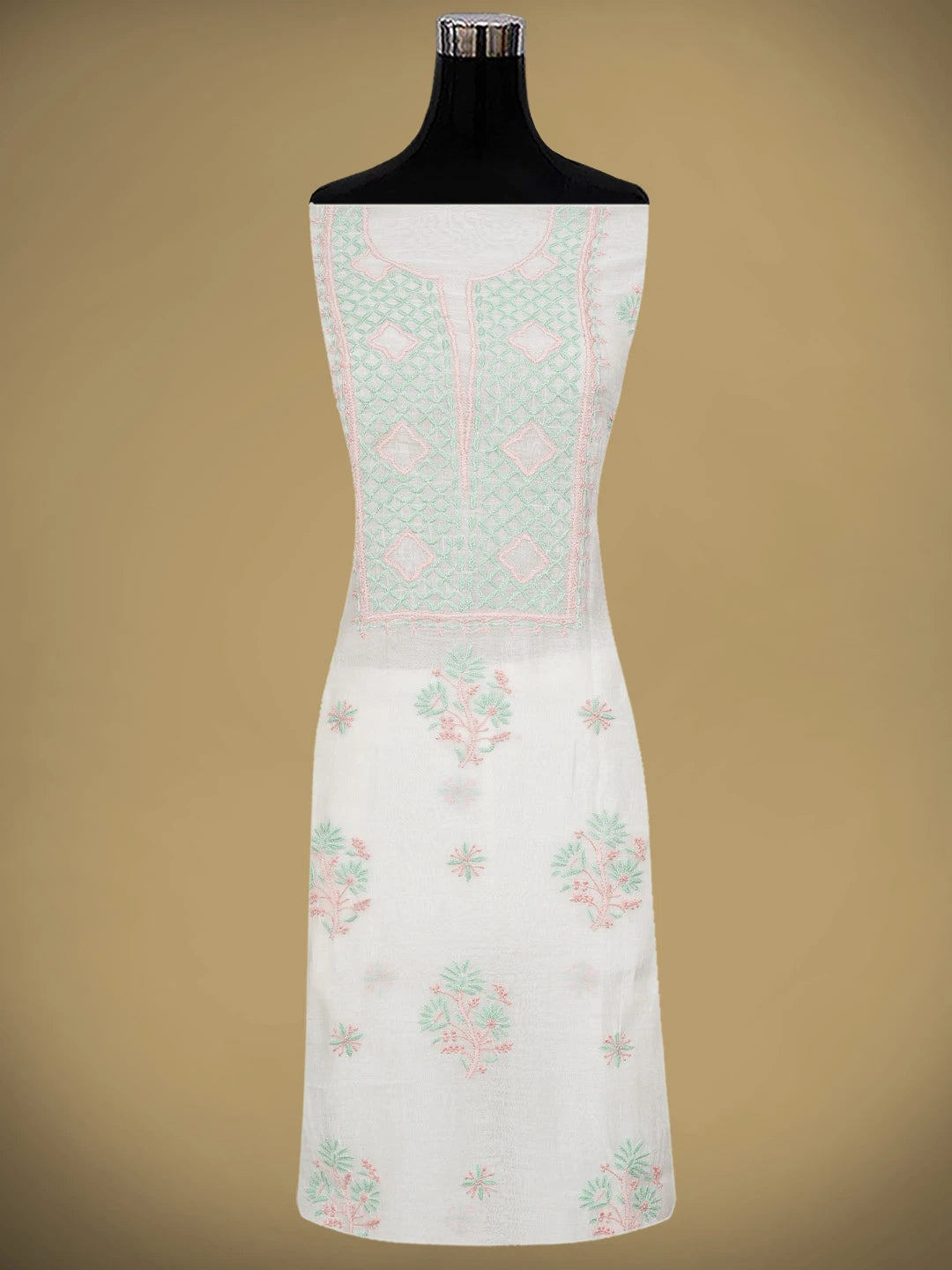 Ada Hand Embroidered White Ivory Cream Chanderi Lucknowi Chikankari Unstitched Kurta Dupatta Set 01A903123