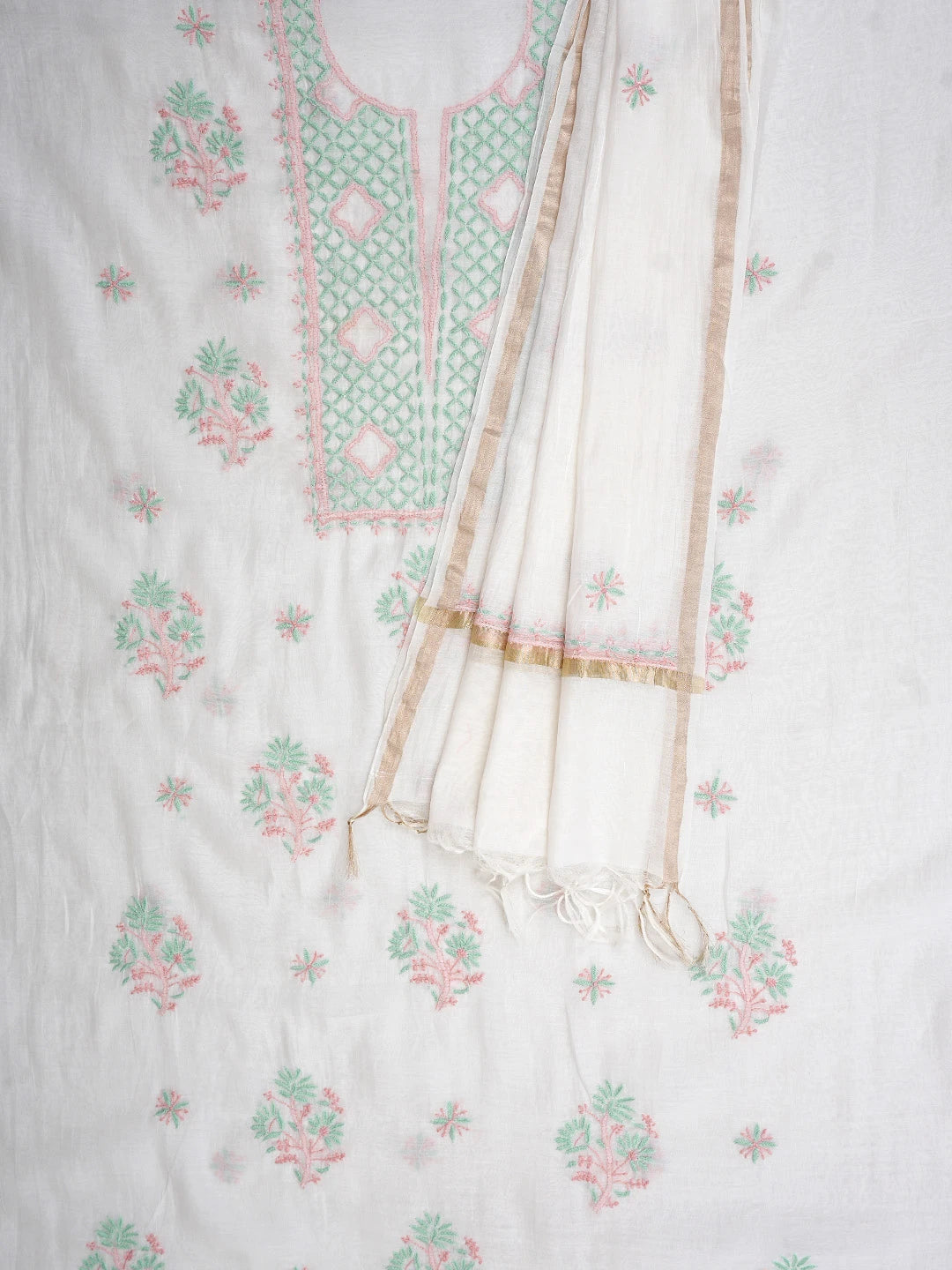 Ada Hand Embroidered White Ivory Cream Chanderi Lucknowi Chikankari Unstitched Kurta Dupatta Set 01A903123