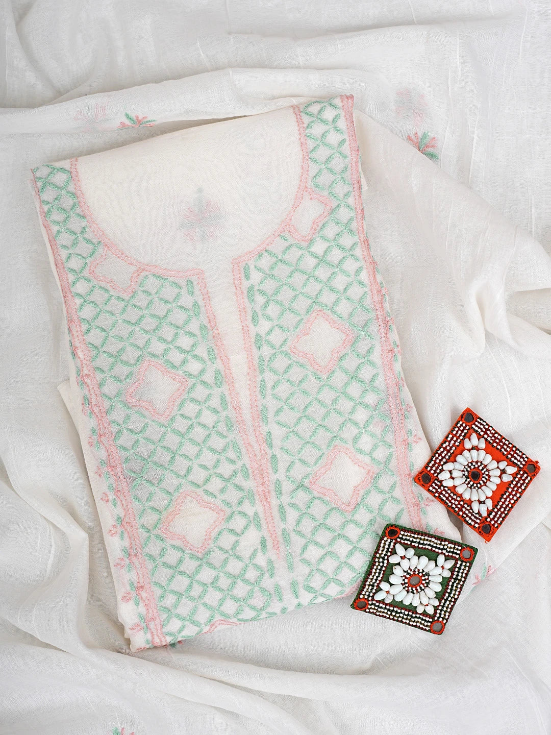 Ada Hand Embroidered White Ivory Cream Chanderi Lucknowi Chikankari Unstitched Kurta Dupatta Set 01A903123