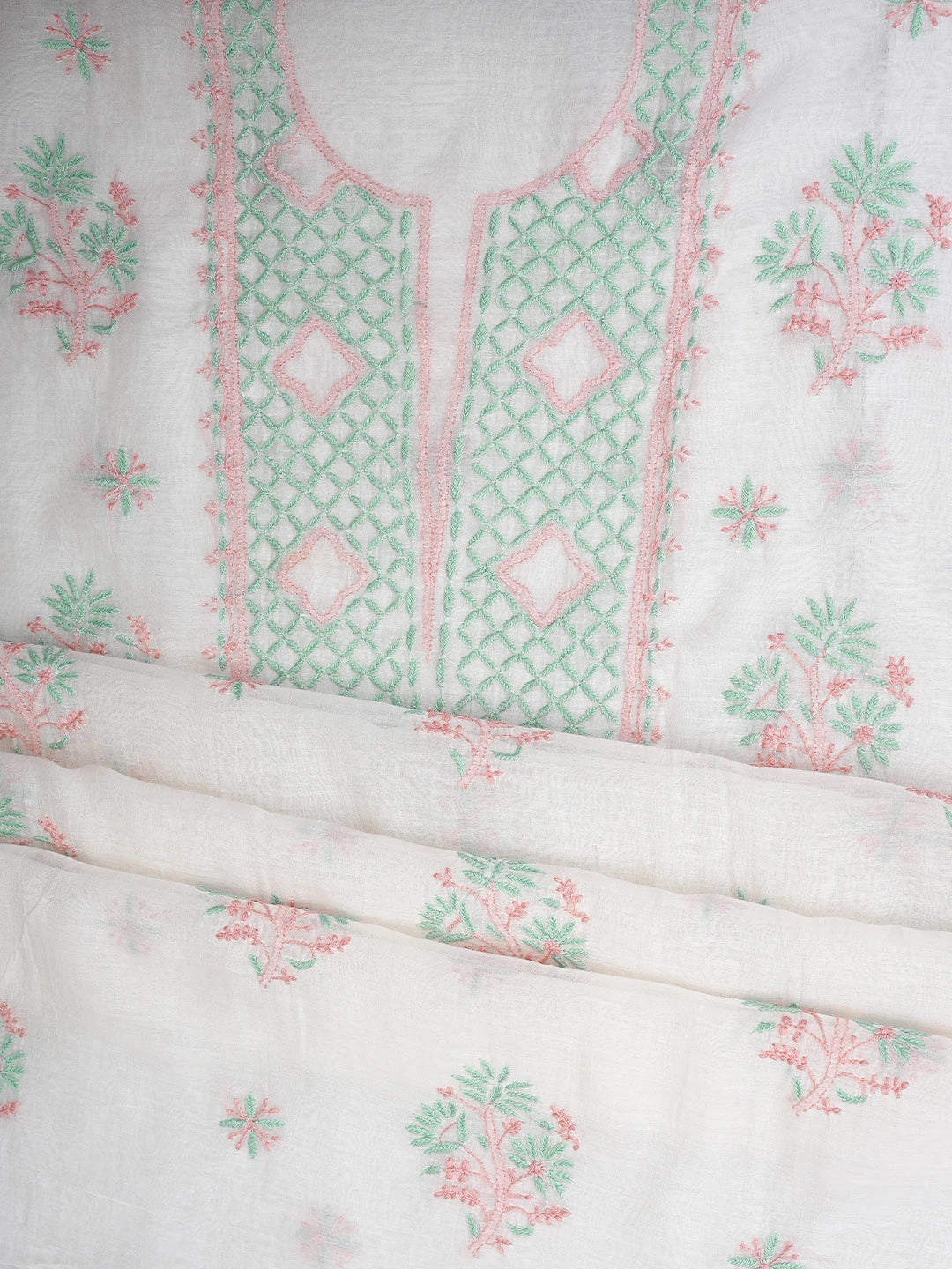 Ada Hand Embroidered White Ivory Cream Chanderi Lucknowi Chikankari Unstitched Kurta Dupatta Set 01A903123