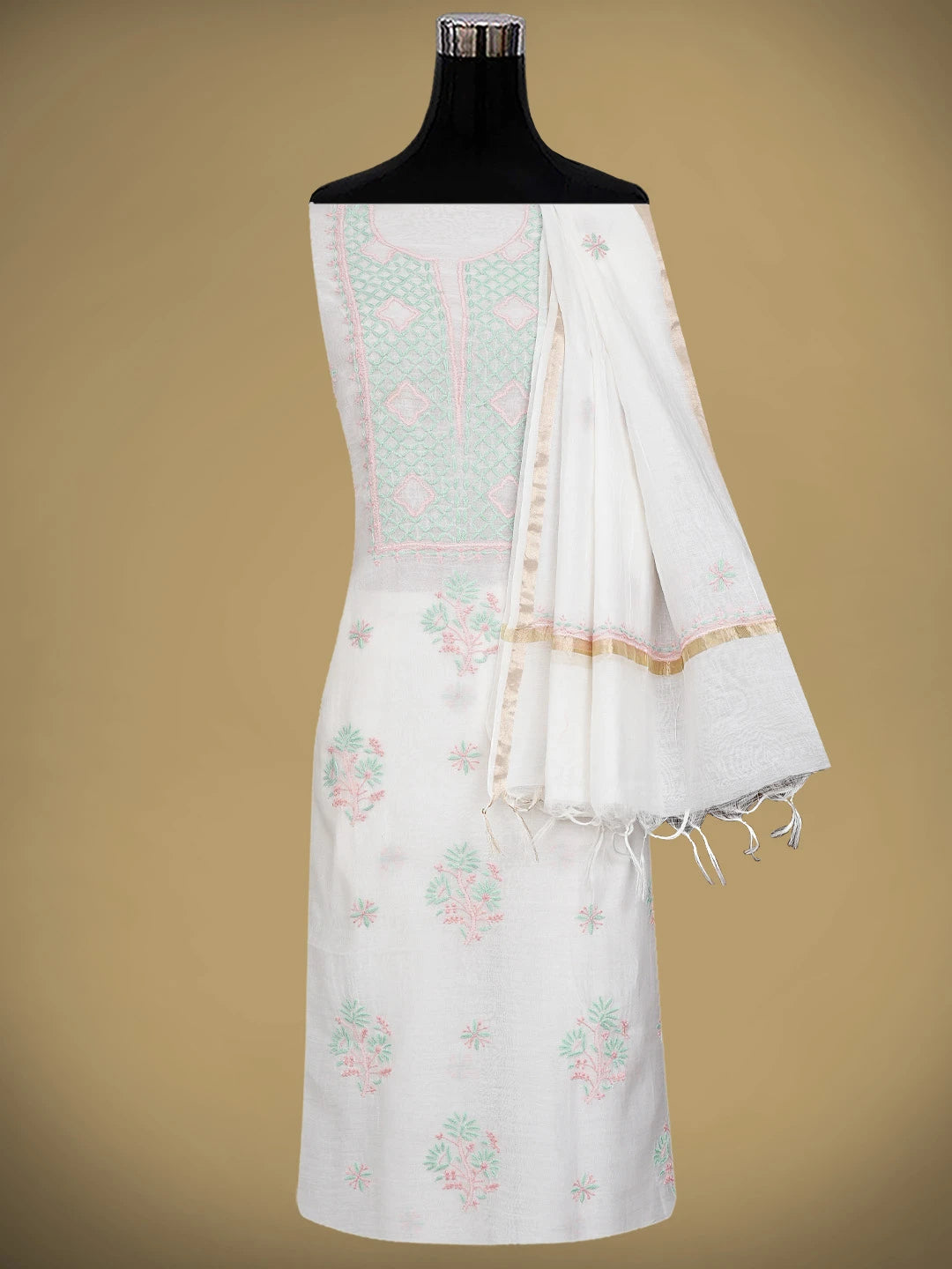 Ada Hand Embroidered White Ivory Cream Chanderi Lucknowi Chikankari Unstitched Kurta Dupatta Set 01A903123