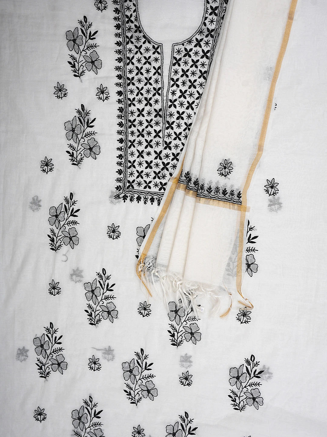 Ada Hand Embroidered Cream Chanderi Lucknowi Chikankari Unstitched Kurta Dupatta Set 01A903208