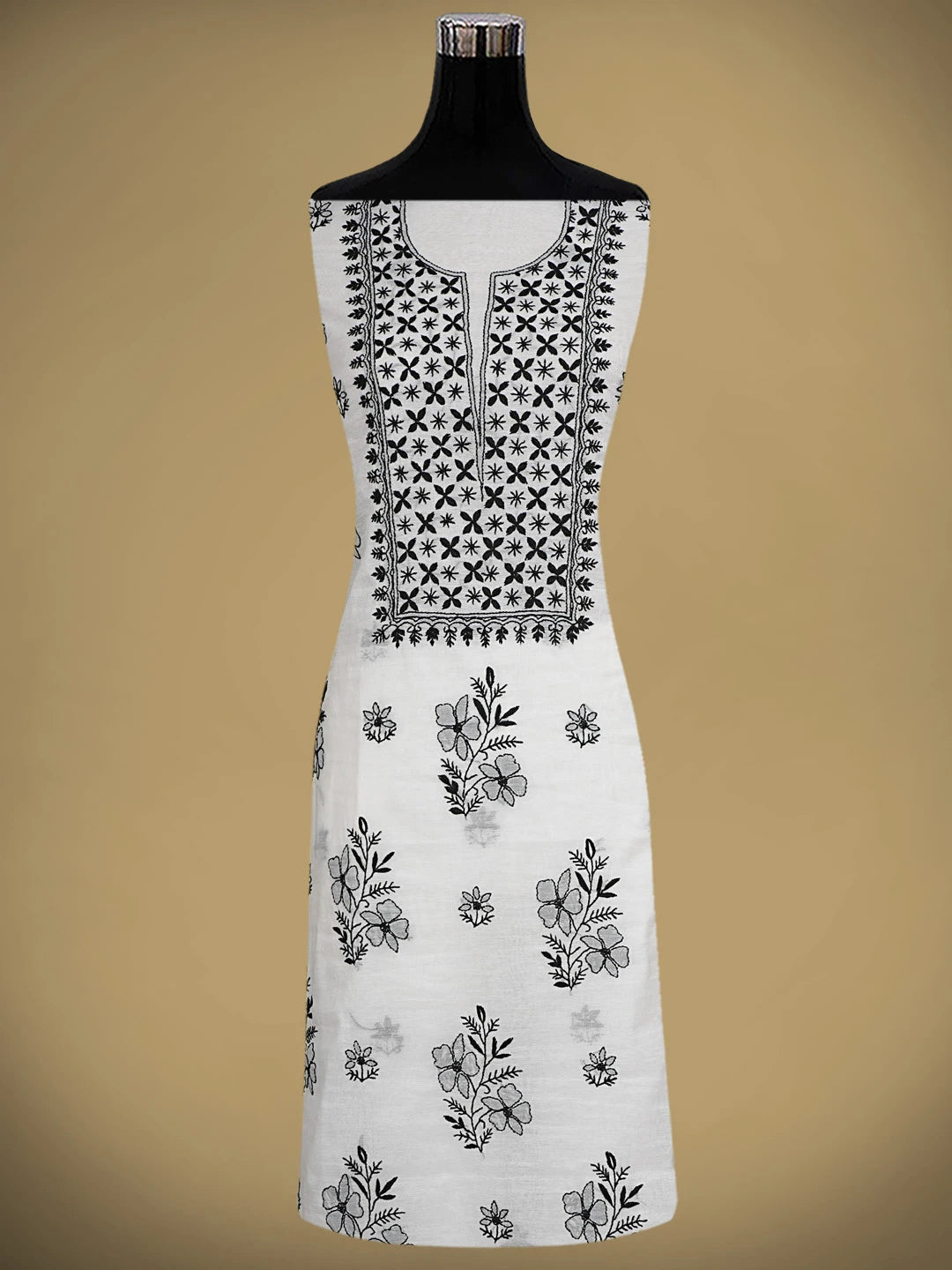 Ada Hand Embroidered Cream Chanderi Lucknowi Chikankari Unstitched Kurta Dupatta Set 01A903208
