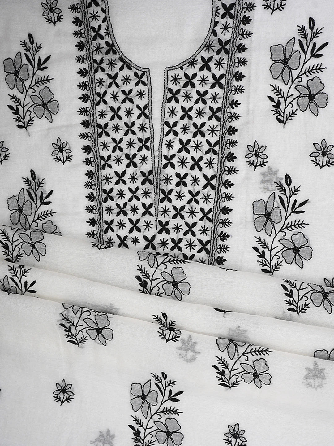 Ada Hand Embroidered Cream Chanderi Lucknowi Chikankari Unstitched Kurta Dupatta Set 01A903208