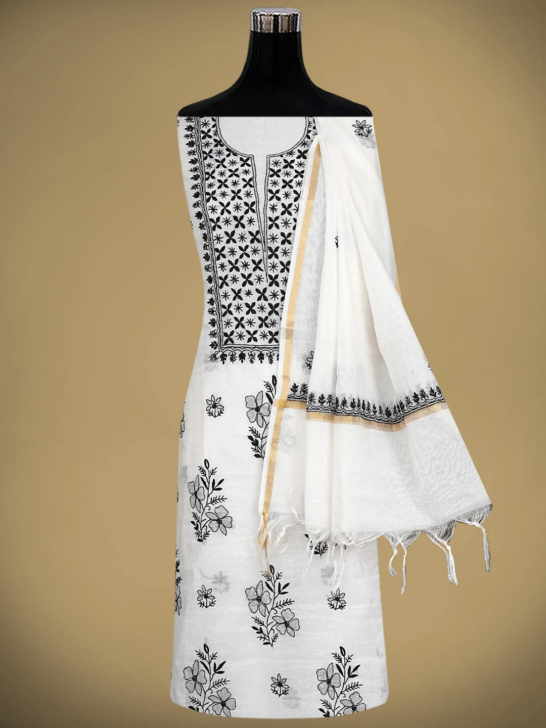 Ada Hand Embroidered Cream Chanderi Lucknowi Chikankari Unstitched Kurta Dupatta Set 01A903208