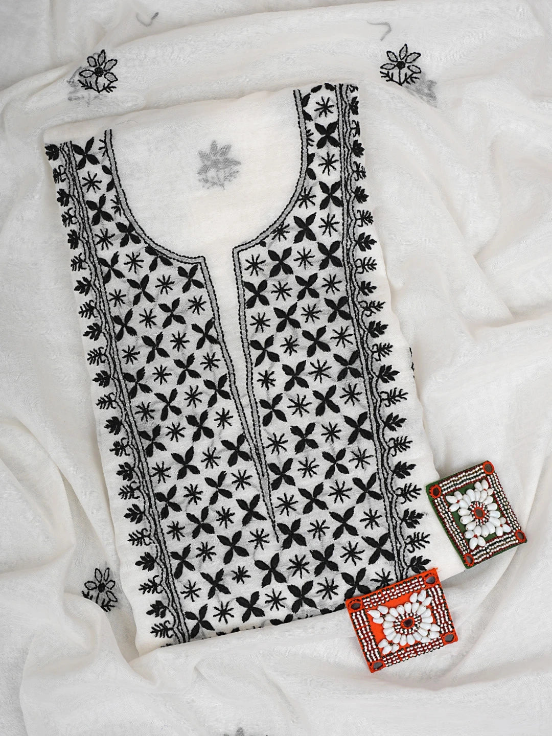 Ada Hand Embroidered Cream Chanderi Lucknowi Chikankari Unstitched Kurta Dupatta Set 01A903208