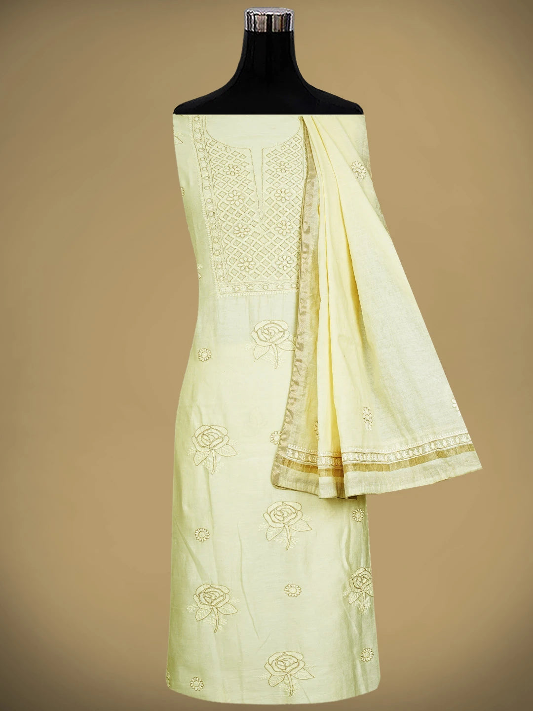 Ada Hand Embroidered Cream Chanderi Lucknowi Chikankari Unstitched Kurta Dupatta Set With Zari Work 01A707652