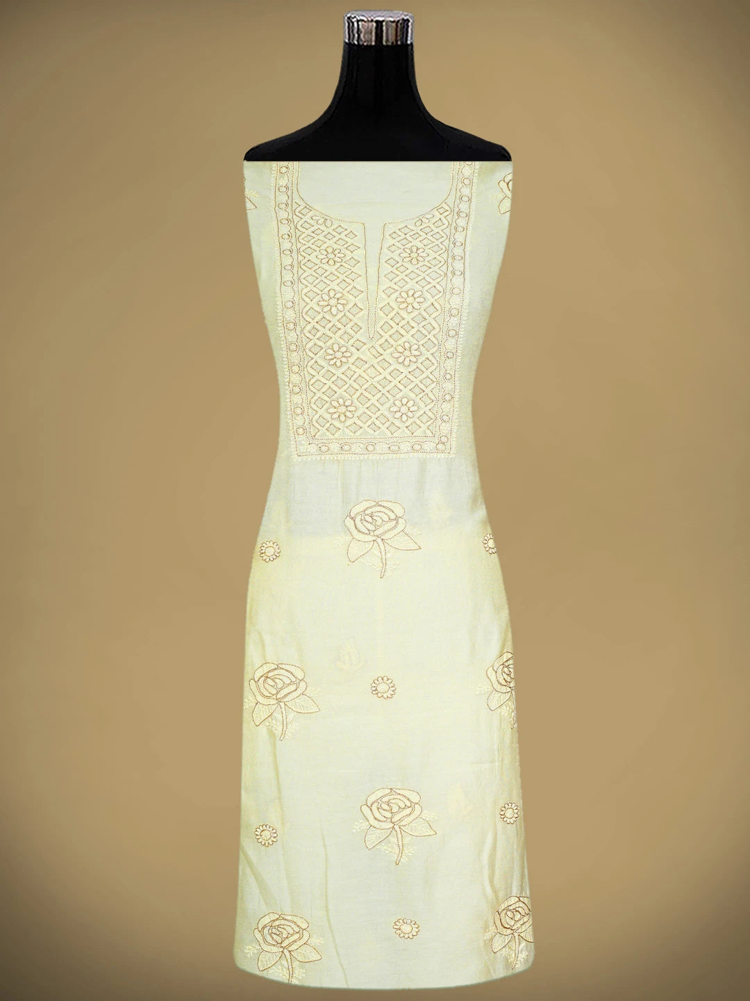 Ada Hand Embroidered Cream Chanderi Lucknowi Chikankari Unstitched Kurta Dupatta Set With Zari Work 01A707652