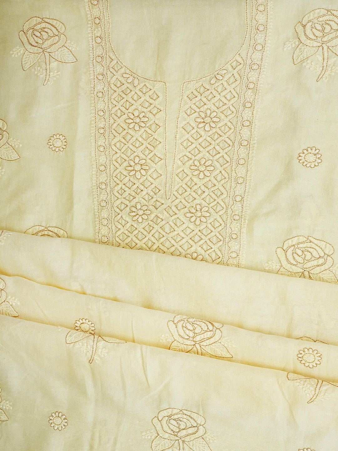 Ada Hand Embroidered Cream Chanderi Lucknowi Chikankari Unstitched Kurta Dupatta Set With Zari Work 01A707652