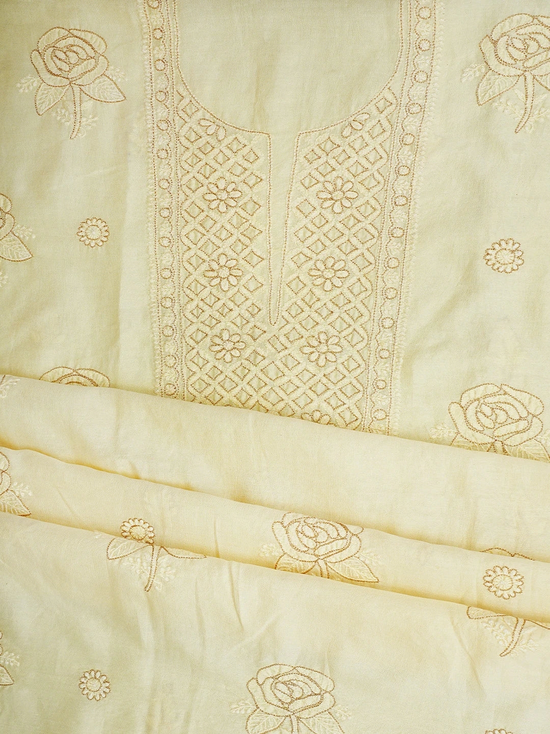 Ada Hand Embroidered Cream Chanderi Lucknowi Chikankari Unstitched Kurta Dupatta Set With Zari Work 01A707652