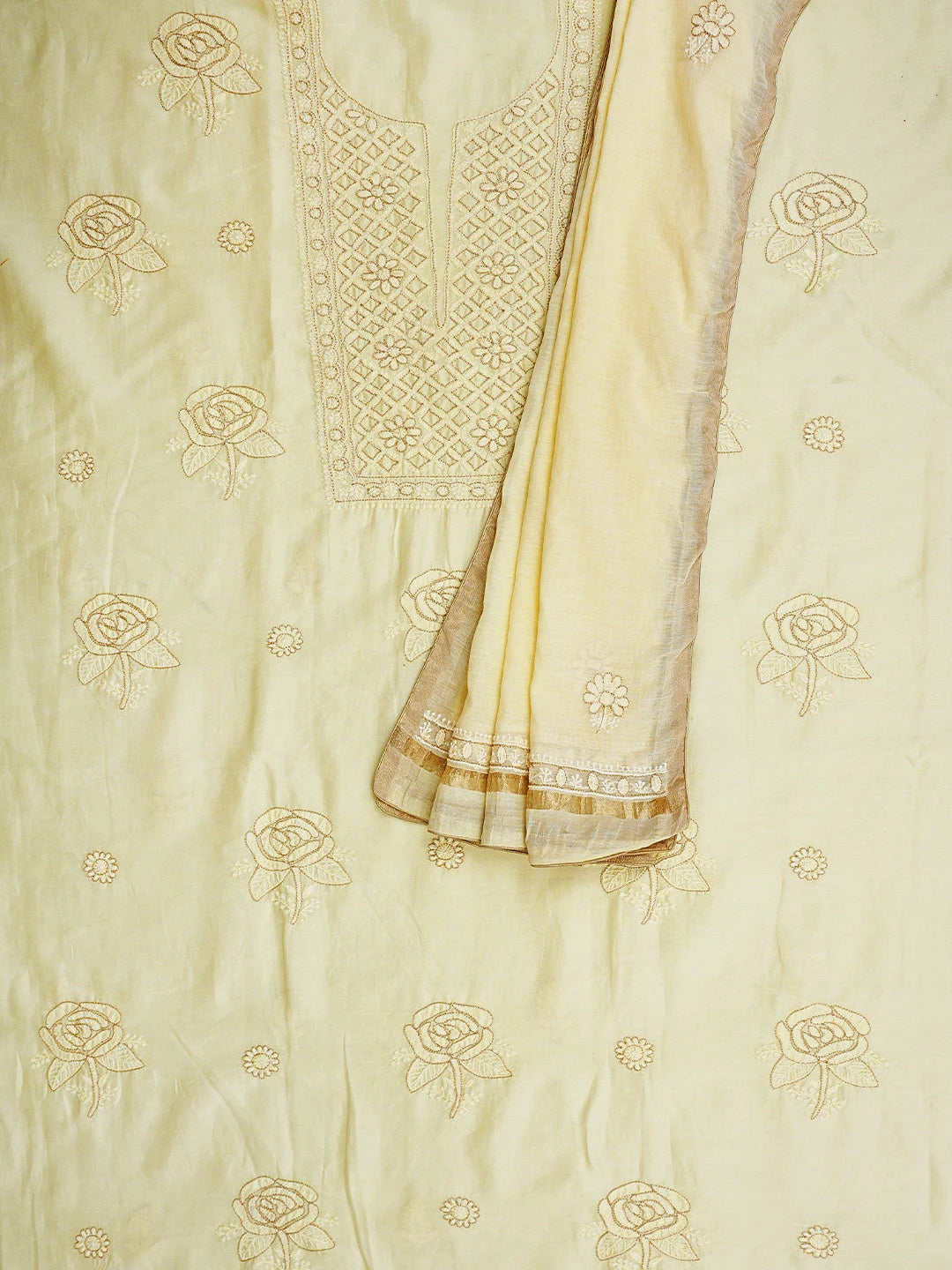 Ada Hand Embroidered Cream Chanderi Lucknowi Chikankari Unstitched Kurta Dupatta Set With Zari Work 01A707652
