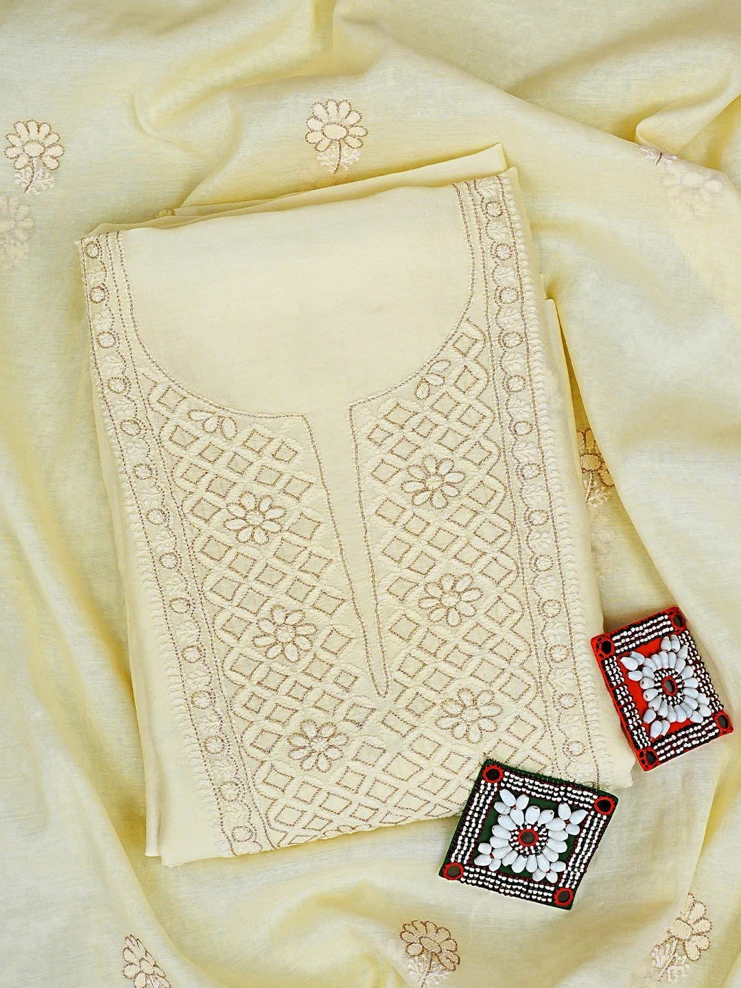 Ada Hand Embroidered Cream Chanderi Lucknowi Chikankari Unstitched Kurta Dupatta Set With Zari Work 01A707652