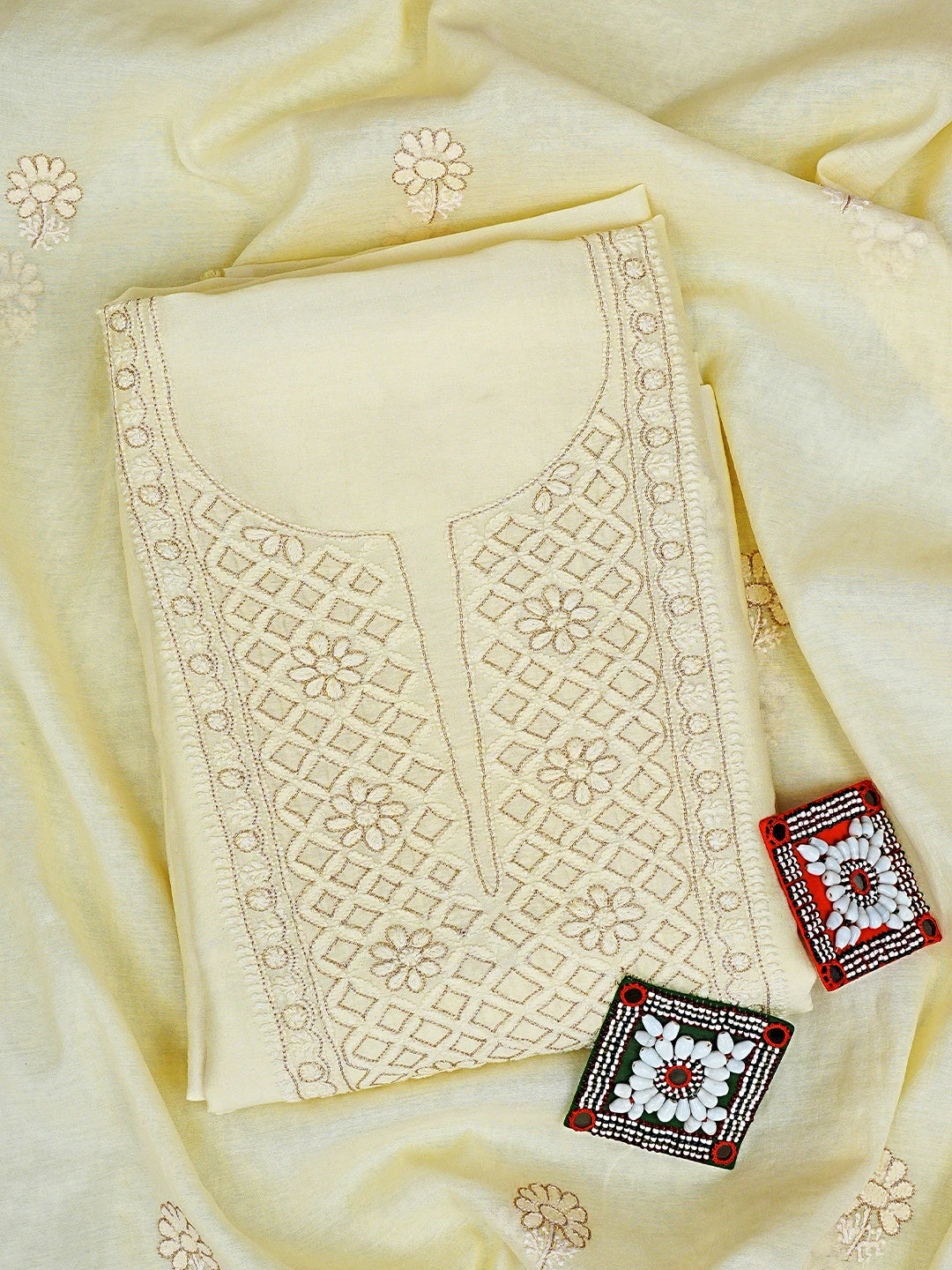 Ada Hand Embroidered Cream Chanderi Lucknowi Chikankari Unstitched Kurta Dupatta Set With Zari Work 01A707652