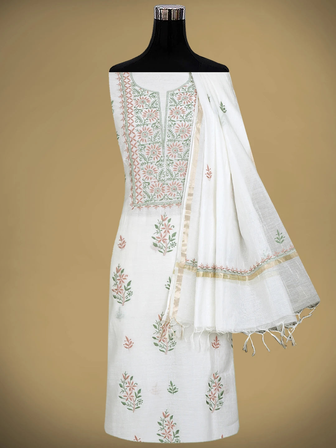 Ada Hand Embroidered White Chanderi Lucknowi Chikankari Unstitched Kurta Dupatta Set 01A903113