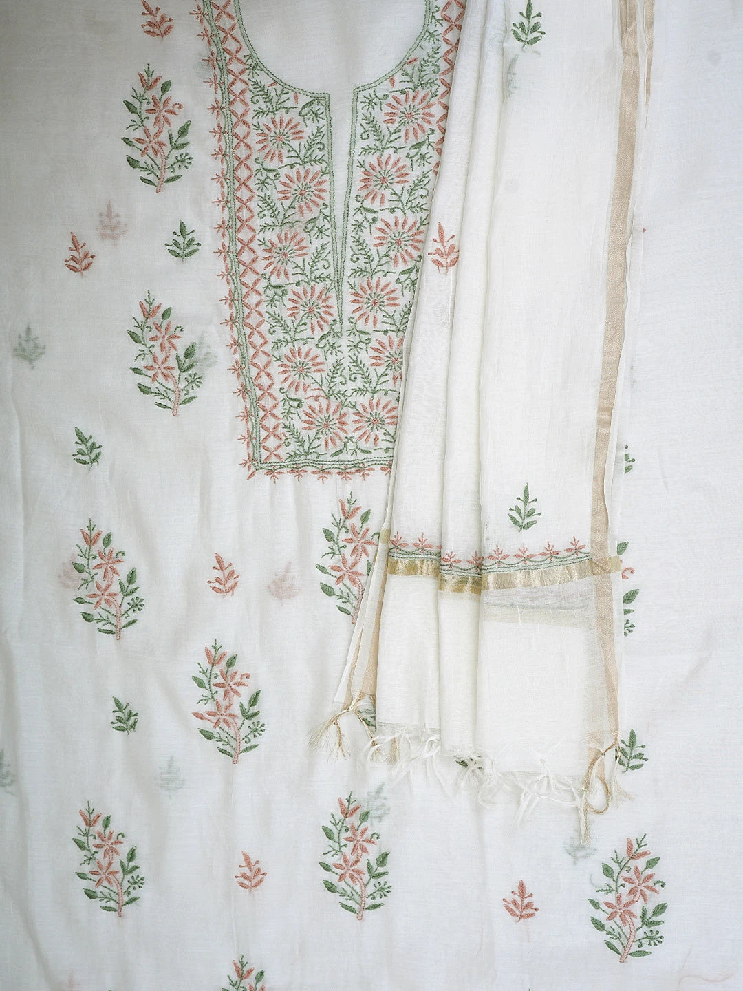 Ada Hand Embroidered White Chanderi Lucknowi Chikankari Unstitched Kurta Dupatta Set 01A903113