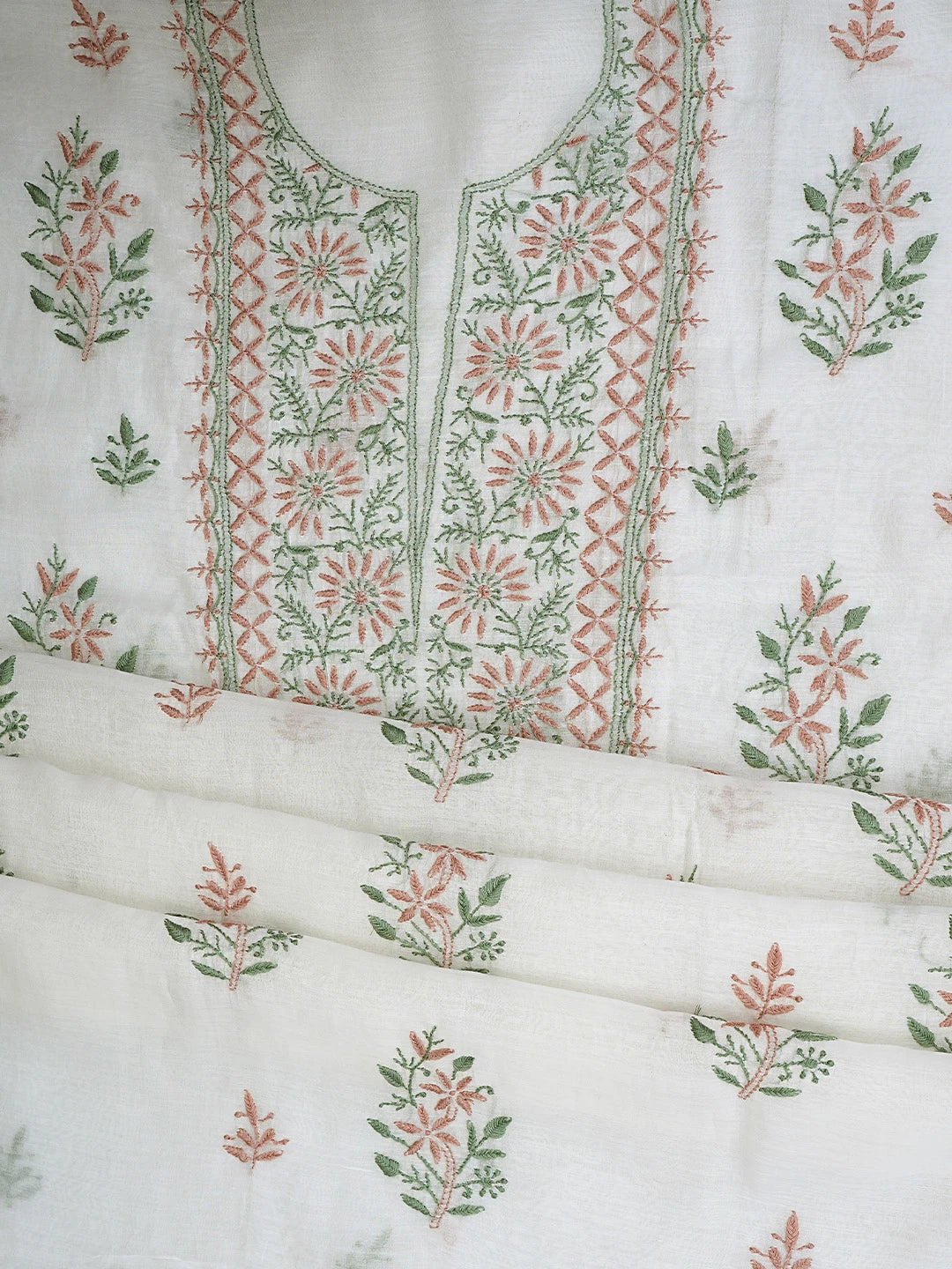 Ada Hand Embroidered White Chanderi Lucknowi Chikankari Unstitched Kurta Dupatta Set 01A903113
