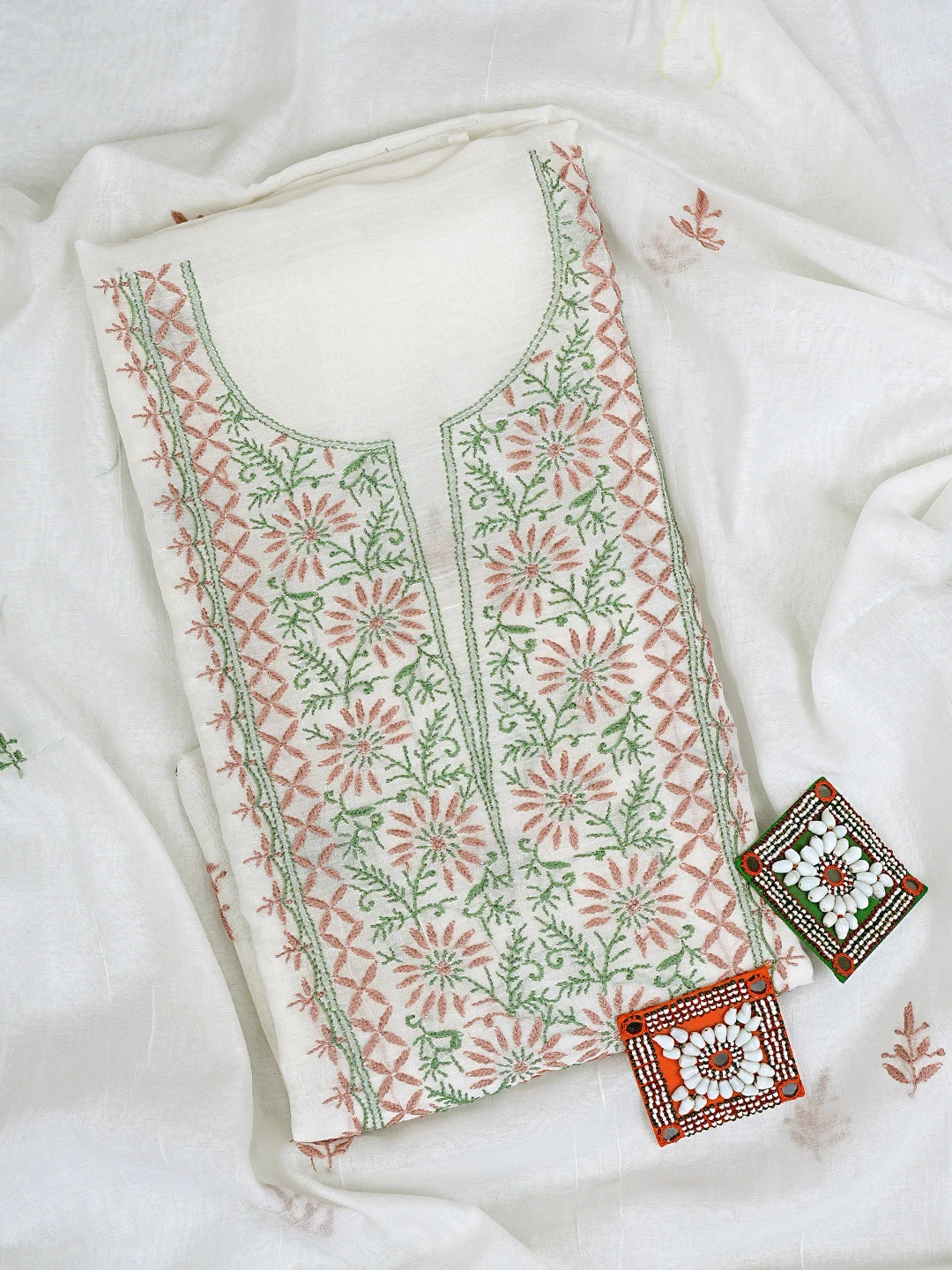 Ada Hand Embroidered White Chanderi Lucknowi Chikankari Unstitched Kurta Dupatta Set 01A903113