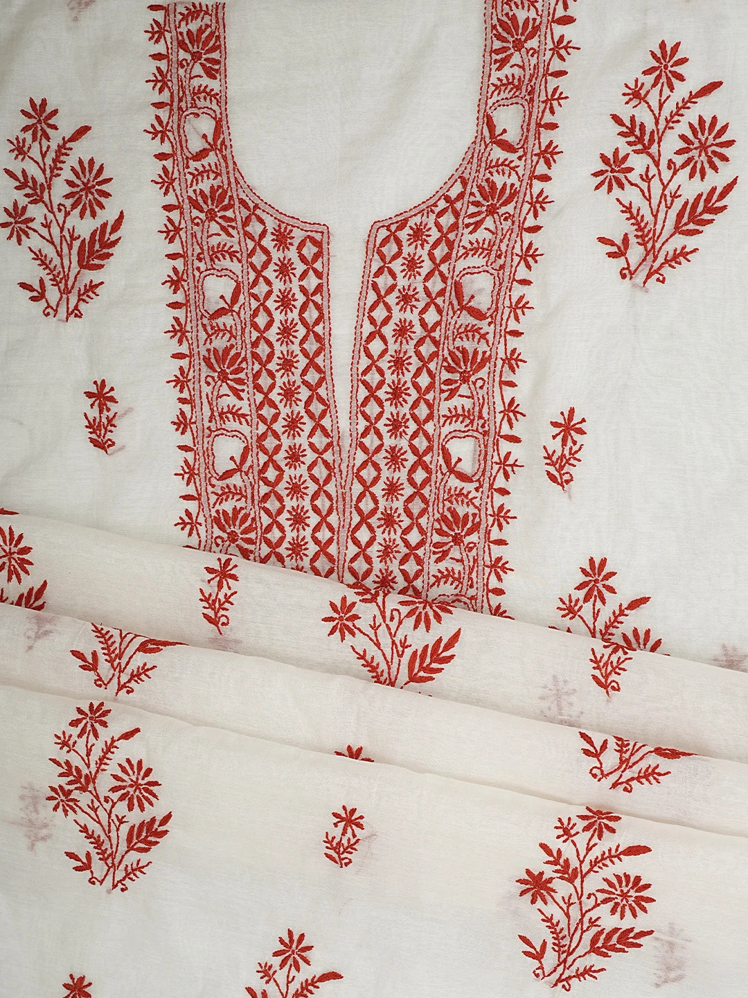 Ada Hand Embroidered White  Cornsilk Chanderi Lucknowi Chikankari Unstitched Kurta Dupatta Set 01A903212