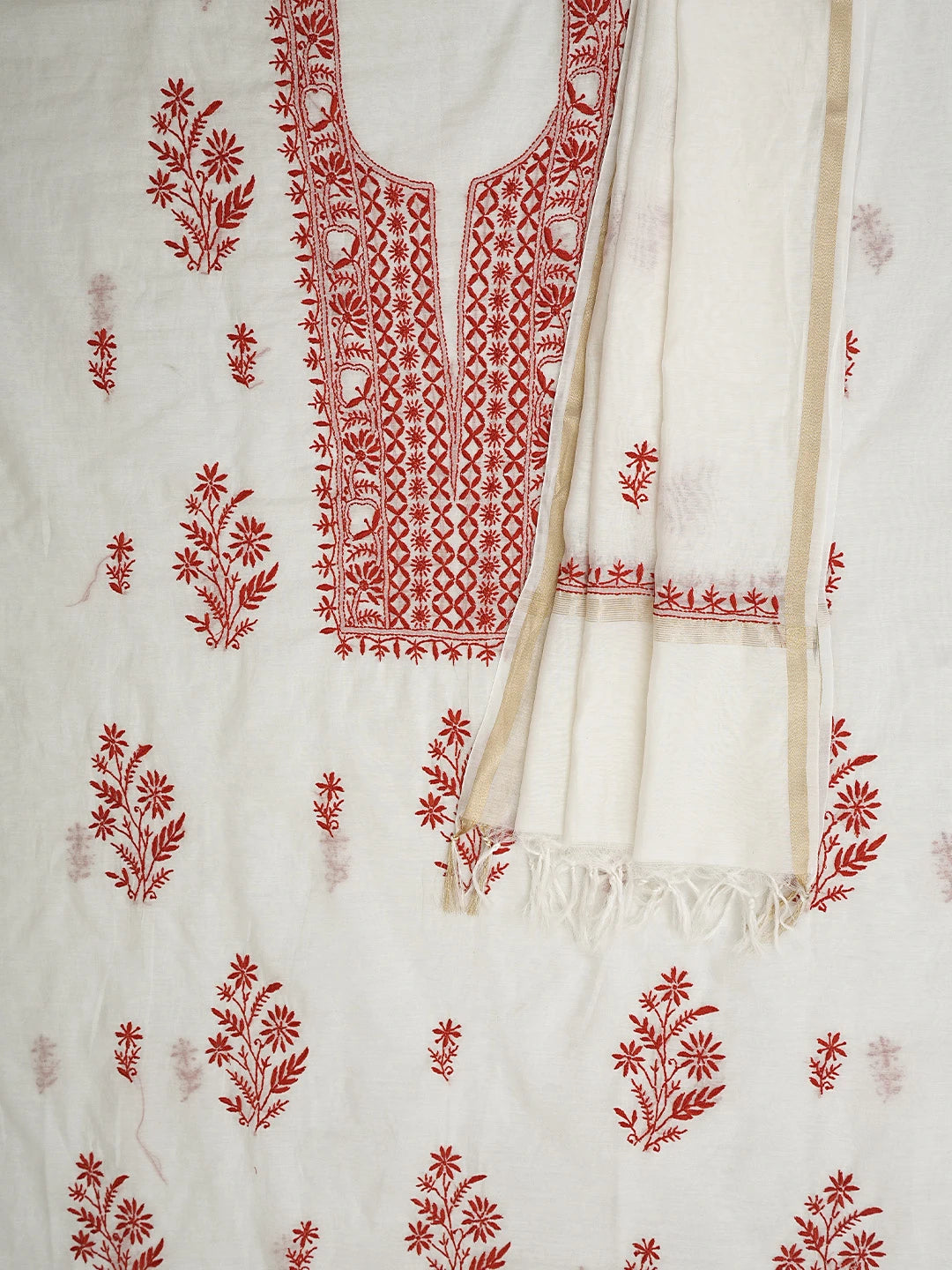 Ada Hand Embroidered White  Cornsilk Chanderi Lucknowi Chikankari Unstitched Kurta Dupatta Set 01A903212