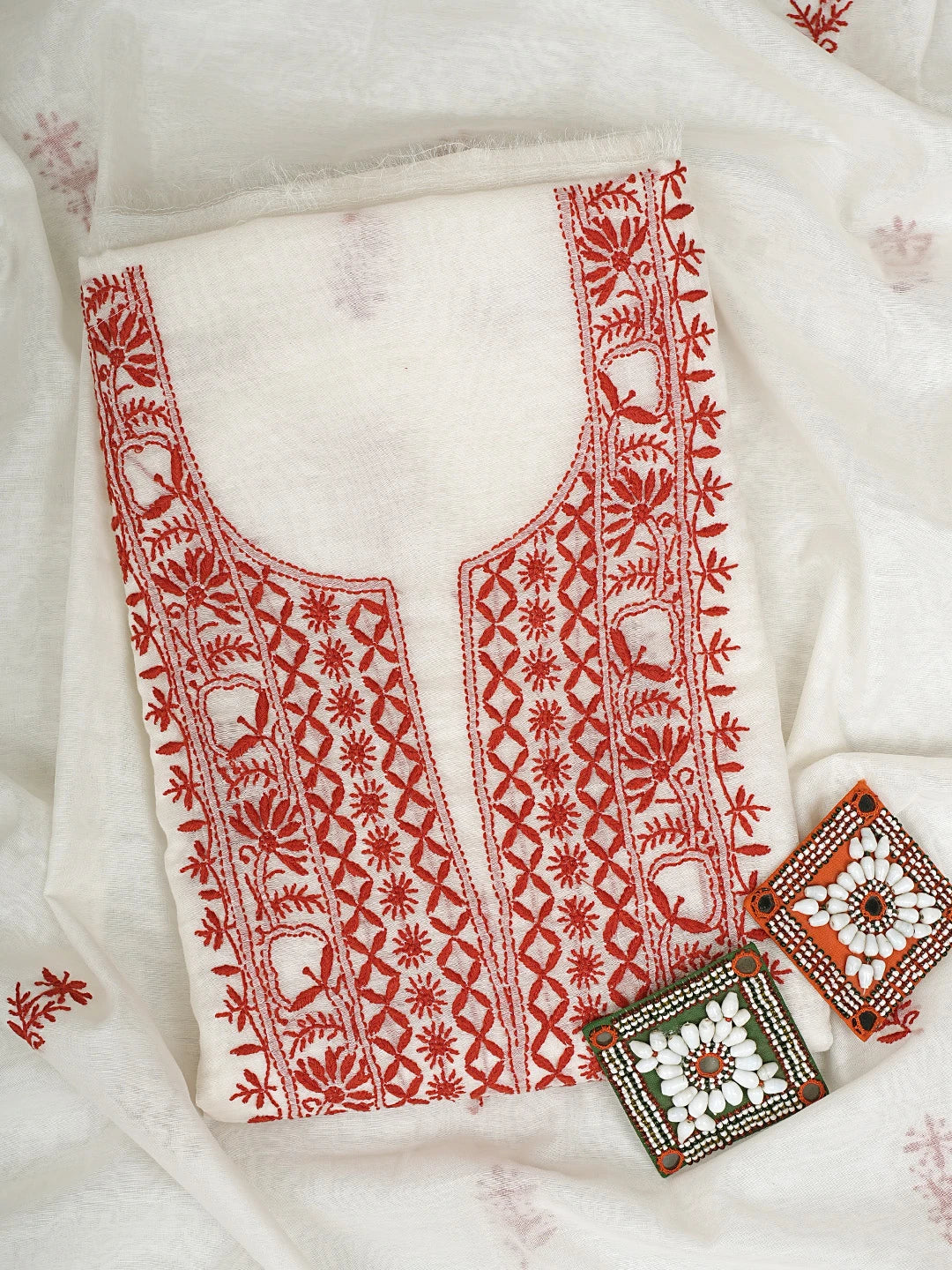 Ada Hand Embroidered White  Cornsilk Chanderi Lucknowi Chikankari Unstitched Kurta Dupatta Set 01A903212