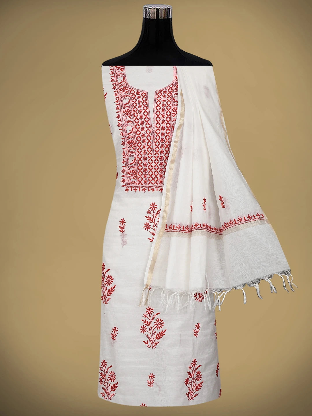 Ada Hand Embroidered White  Cornsilk Chanderi Lucknowi Chikankari Unstitched Kurta Dupatta Set 01A903212