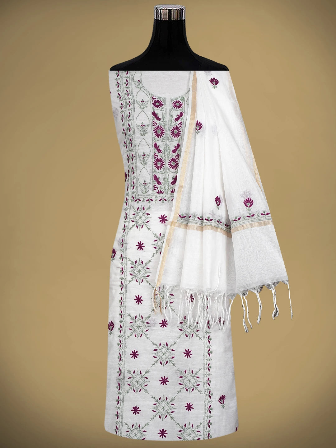Ada Hand Embroidered White Chanderi Lucknowi Chikankari Unstitched Kurta Dupatta Set 01A903153