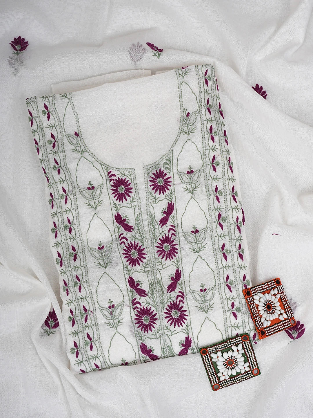 Ada Hand Embroidered White Chanderi Lucknowi Chikankari Unstitched Kurta Dupatta Set 01A903153