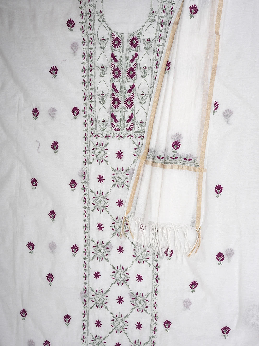 Ada Hand Embroidered White Chanderi Lucknowi Chikankari Unstitched Kurta Dupatta Set 01A903153