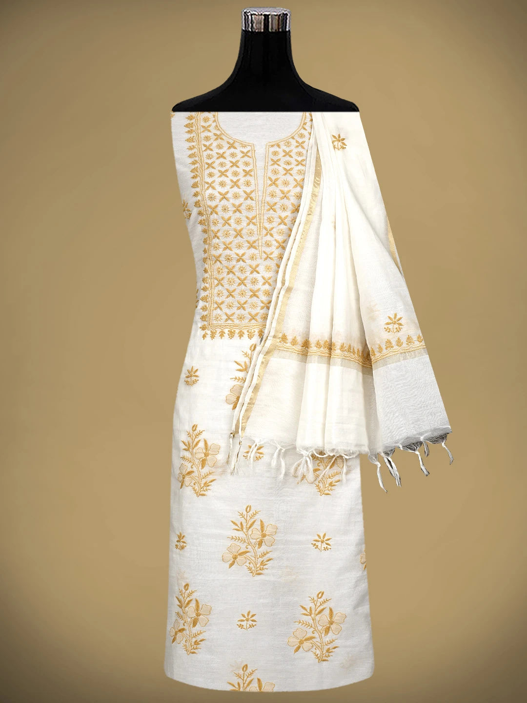 Ada Hand Embroidered White Chanderi Lucknowi Chikankari Unstitched Kurta Dupatta Set 01A903211