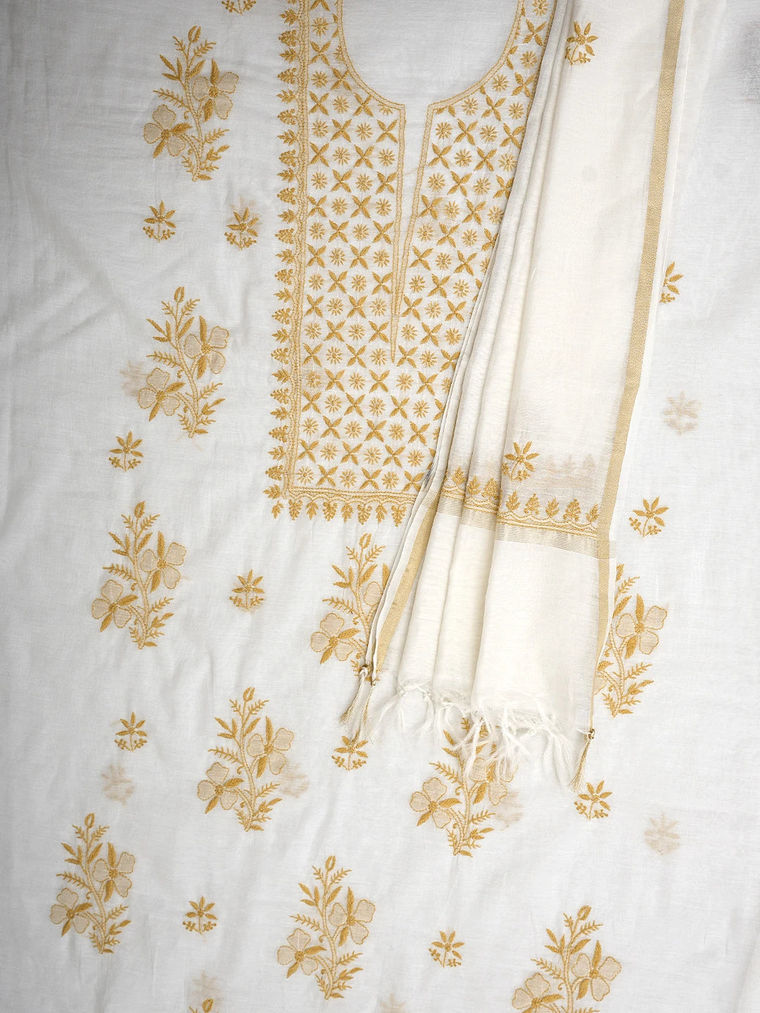 Ada Hand Embroidered White Chanderi Lucknowi Chikankari Unstitched Kurta Dupatta Set 01A903211