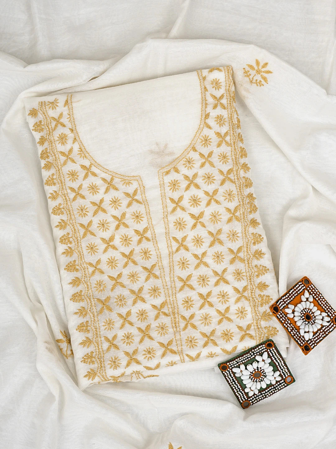 Ada Hand Embroidered White Chanderi Lucknowi Chikankari Unstitched Kurta Dupatta Set 01A903211