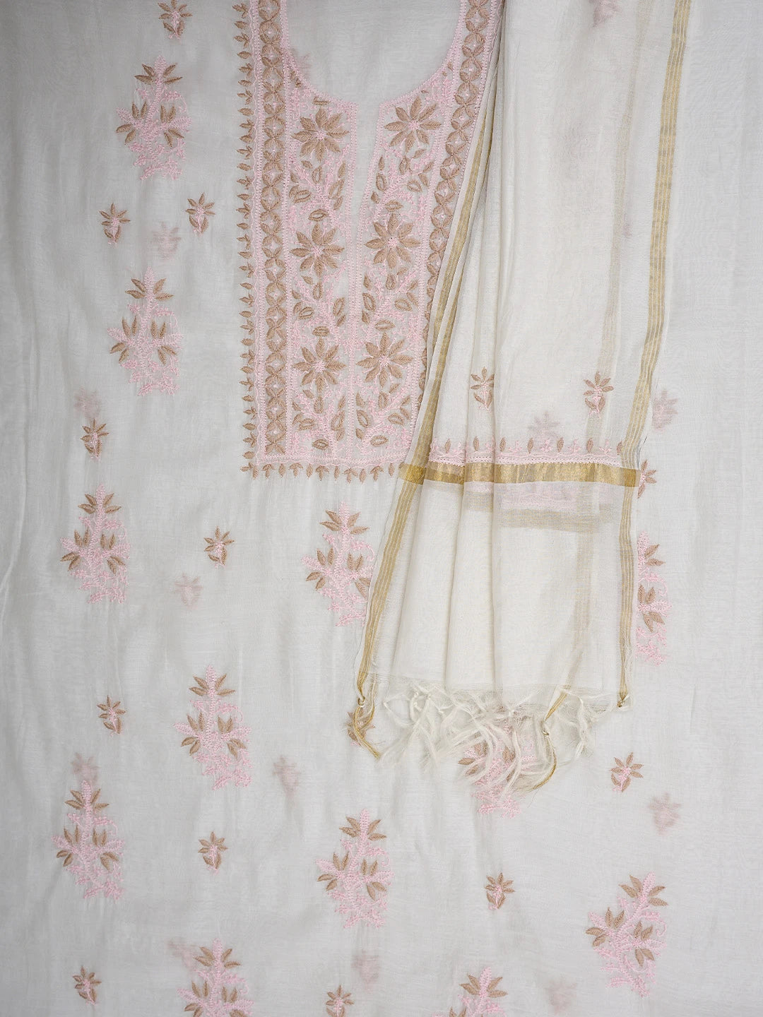 Ada Hand Embroidered White Chanderi Lucknowi Chikankari Unstitched Kurta Dupatta Set 01A903128