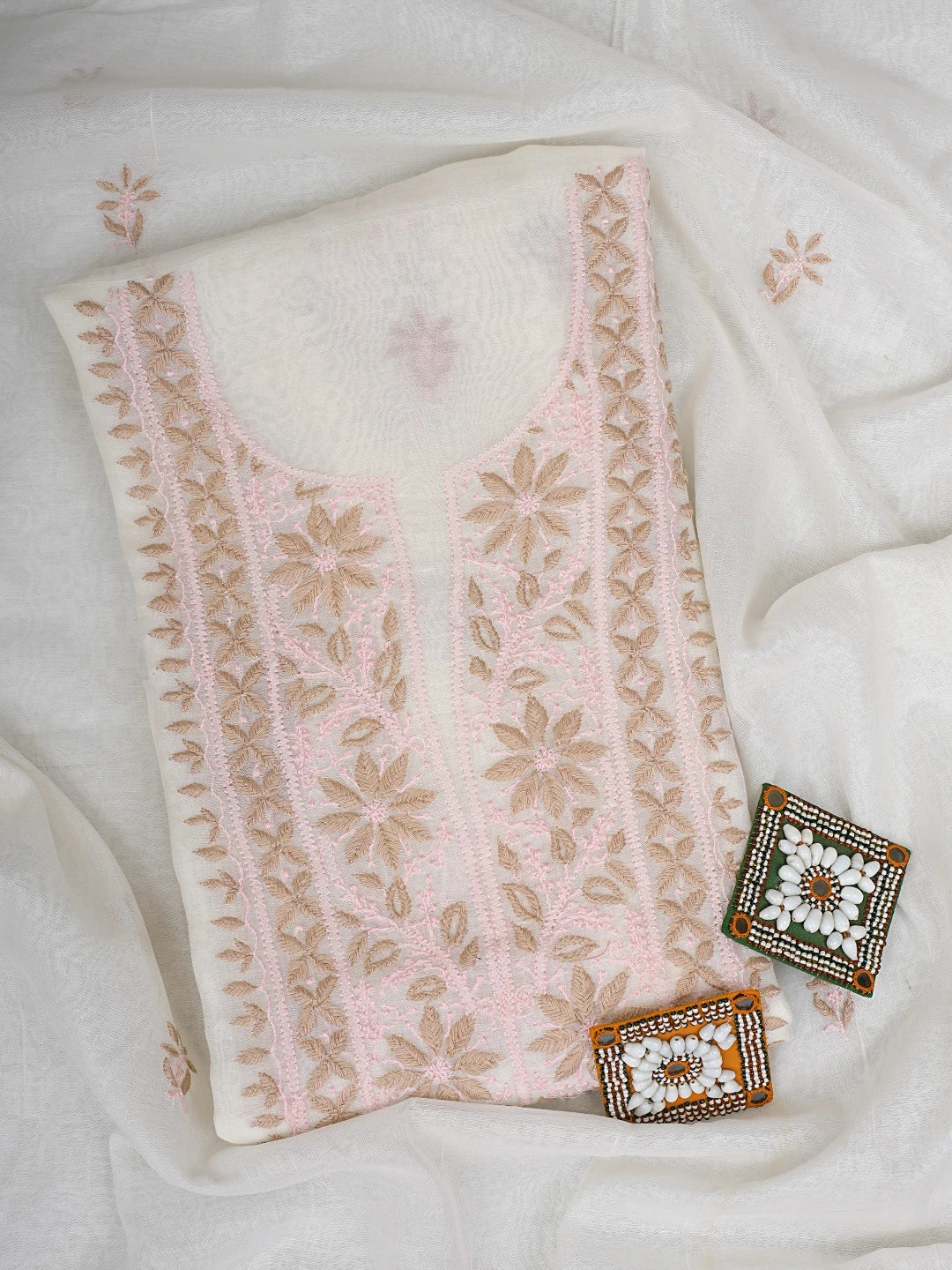 Ada Hand Embroidered White Chanderi Lucknowi Chikankari Unstitched Kurta Dupatta Set 01A903128