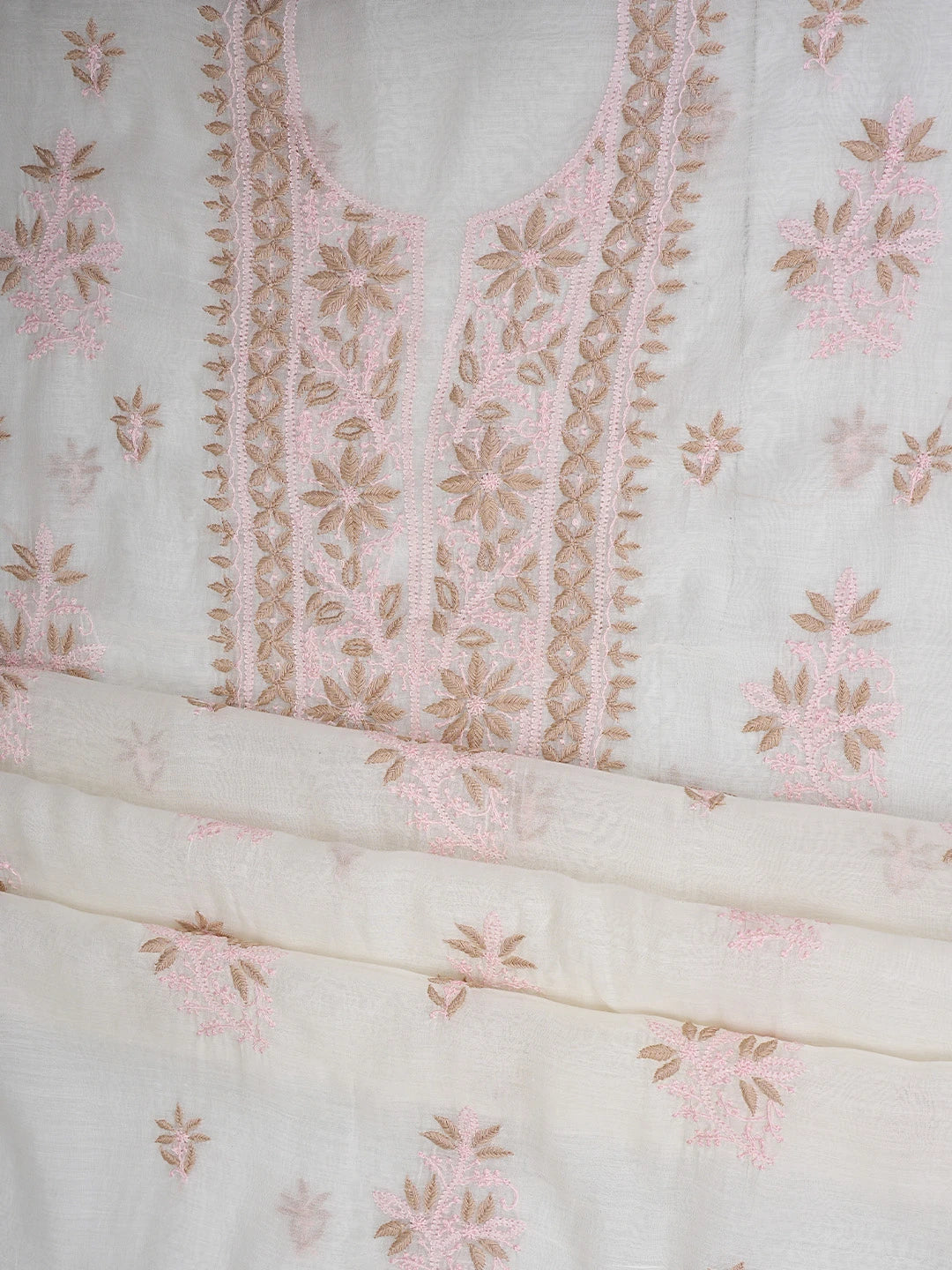 Ada Hand Embroidered White Chanderi Lucknowi Chikankari Unstitched Kurta Dupatta Set 01A903128