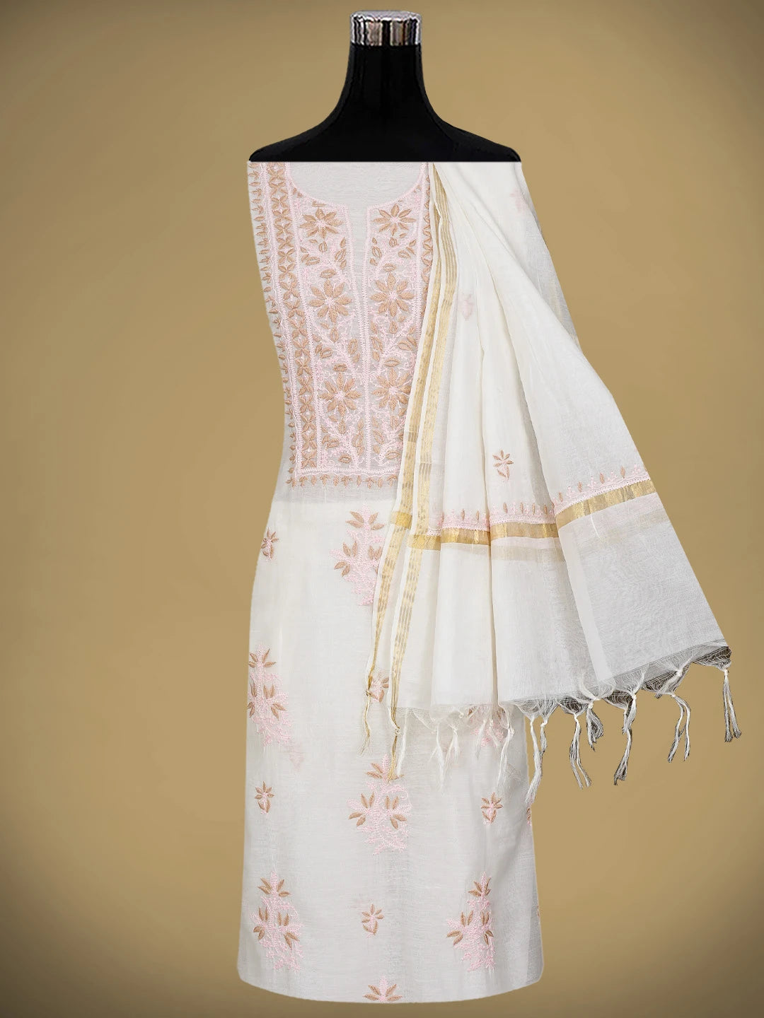 Ada Hand Embroidered White Chanderi Lucknowi Chikankari Unstitched Kurta Dupatta Set 01A903128