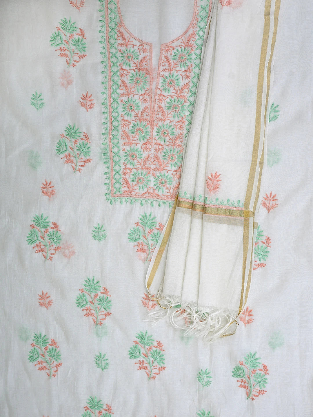 Ada Hand Embroidered White Chanderi Lucknowi Chikankari Unstitched Kurta Dupatta Set 01A903122