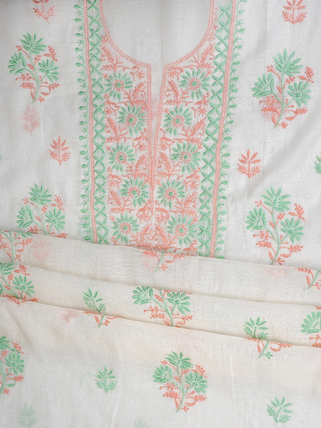 Ada Hand Embroidered White Chanderi Lucknowi Chikankari Unstitched Kurta Dupatta Set 01A903122
