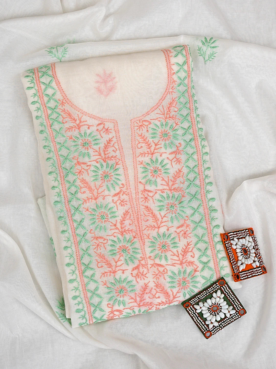 Ada Hand Embroidered White Chanderi Lucknowi Chikankari Unstitched Kurta Dupatta Set 01A903122