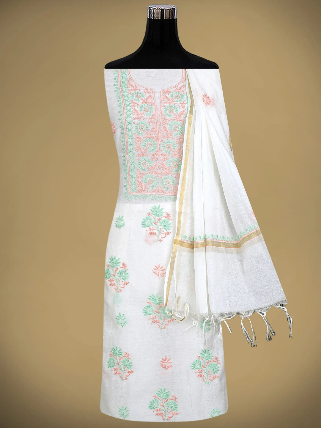 Ada Hand Embroidered White Chanderi Lucknowi Chikankari Unstitched Kurta Dupatta Set 01A903122