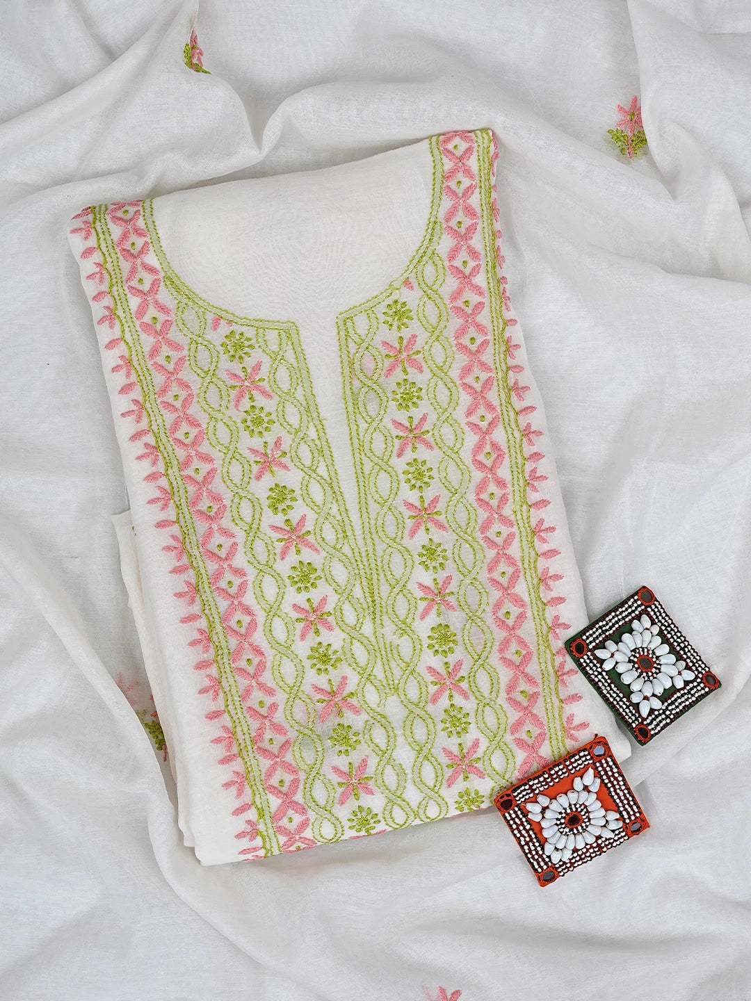 Ada Hand Embroidered White Cornsilk Chanderi Lucknowi Chikankari Unstitched Kurta Dupatta Set 01A903225