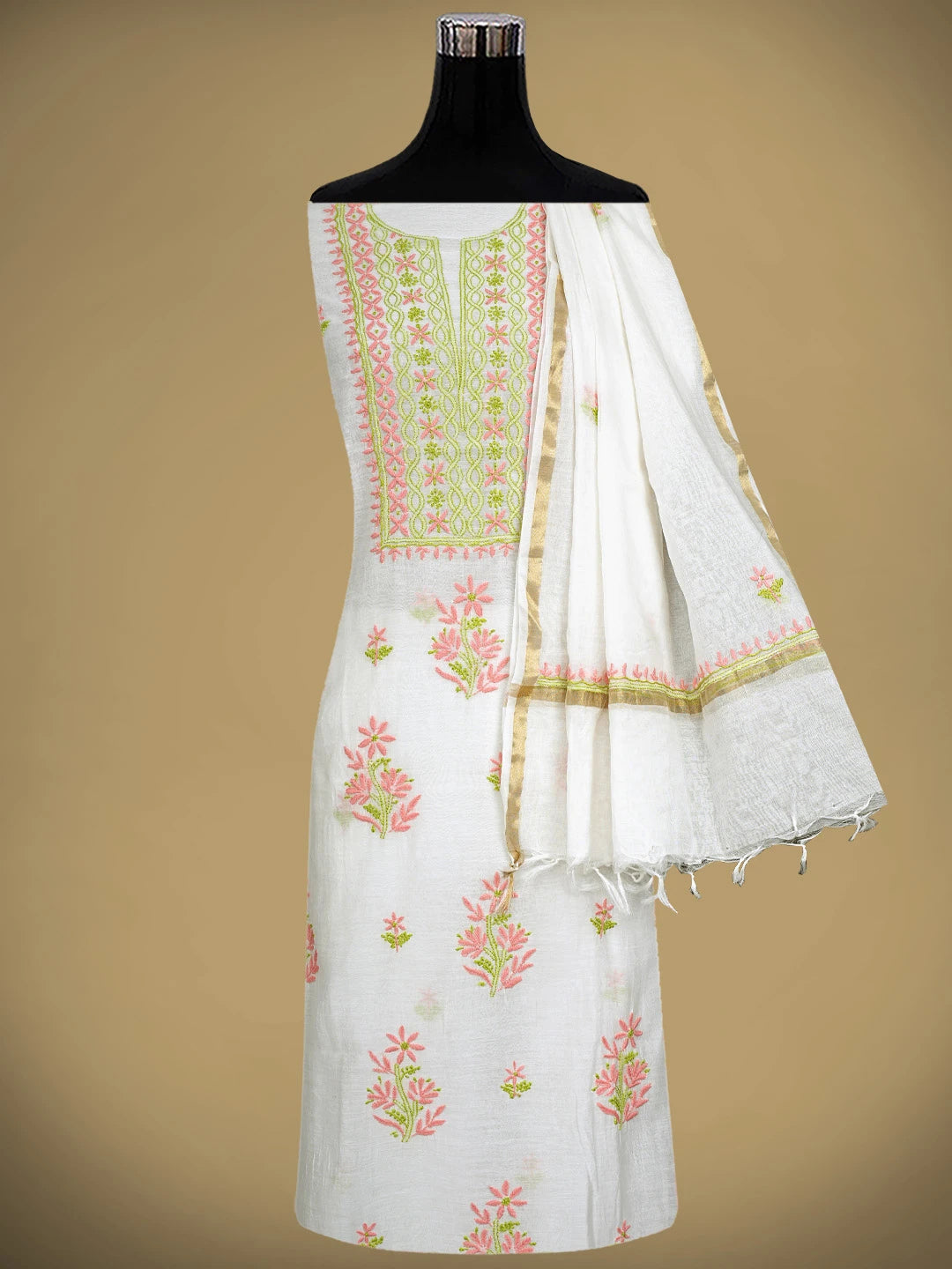 Ada Hand Embroidered White Cornsilk Chanderi Lucknowi Chikankari Unstitched Kurta Dupatta Set 01A903225