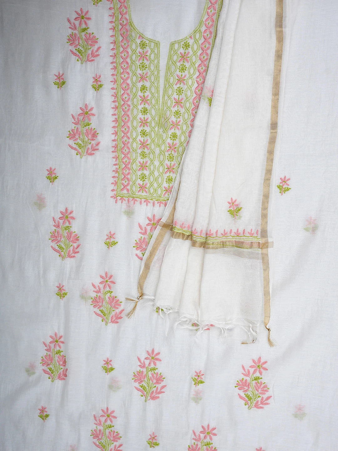 Ada Hand Embroidered White Cornsilk Chanderi Lucknowi Chikankari Unstitched Kurta Dupatta Set 01A903225